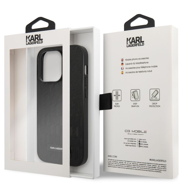 Karl Lagerfeld Saffiano Monogram Case with Metal Plate Logo iPhone 14 Pro Compatibility - Black
