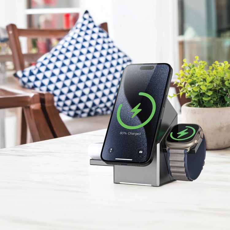 Green Lion Power Trio 3-in-1 Wireless Charger, 4.5 Hours Working Time, 15 W Phone Charging, 3W Airpod & Watch Output, Type-C Input - Gray