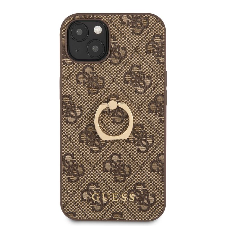 CG MOBILE Guess PU Leather 4G Case with 360° Rotating Ring Grip Holder Stand Compatible for iPhone 13 (6.1") Suitable with Wireless Charging Officially Licensed - Brown