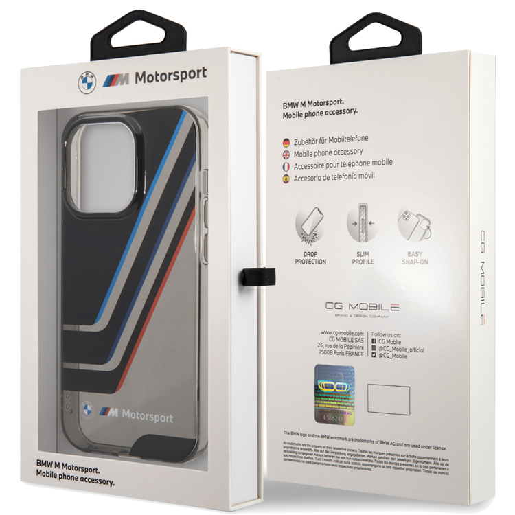 BMW Motorsport Collection PC/TPU IML Printed Tricolor Stripes, Translucent Zones iPhone 14 Pro Compatibility - Black