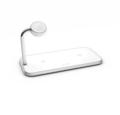 زينس ZE-DC05W وسادة شحن لاسلكية من الألومنيوم ومحطة شاحن للساعة ، معتمدة من Qi و MFi ، تدعم الشحن السريع من ابل و سامسونج ، مع محول ، 20 وات - أبيض