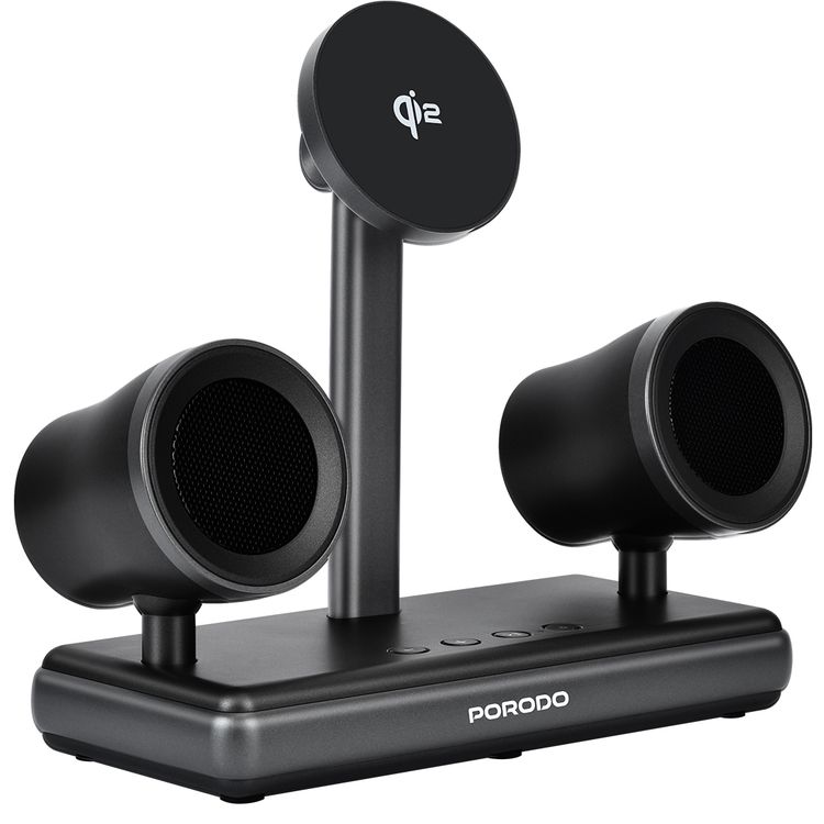 Porodo Speaker Charging Dock with Qi2 Wireless Charging, Compatible with iPhone 12 to 16 Series, 16W Dual Speakers, Built-in Safeguards, HiFi Audio - Black