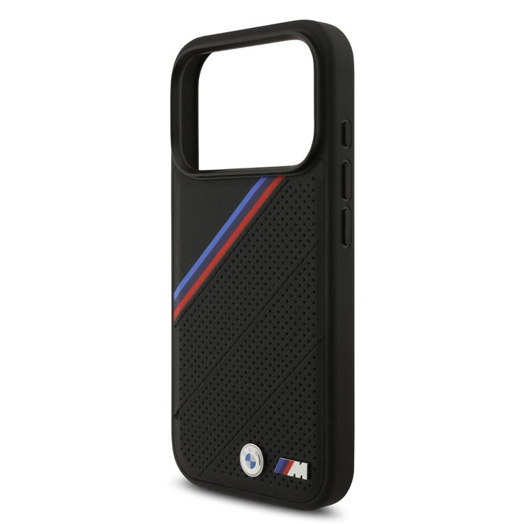 غطاء BMW MagSafe من جلد PU مع شعارات معدنية وخطوط مائلة ثلاثية الألوان لجهاز iPhone 17 Pro، حماية من السقوط، تغليف مستدام، تصميم سهل التثبيت، نحيف المظهر - أسود