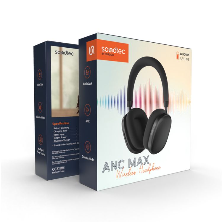 Porodo Soundtec ANC Airpod MAX Wireless Headphones, Voice Assistant, 400mAh Battery Capacity, 2 Hours Charging Time, Up to 51 Hours Working Time, Gaming Mode - Black