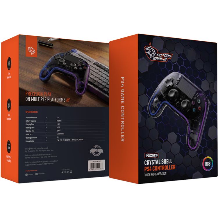 وحدة تحكم شفافة من Porodo Gaming PS4، PS4، PS3، PC (مدخل D، مدخل X)، متوافقة مع iOS وAndroid، مقبس صوت TRRS مقاس 3.5 مم، منفذ شحن من النوع C، وقت عمل من 6 إلى 16 ساعة - أسود