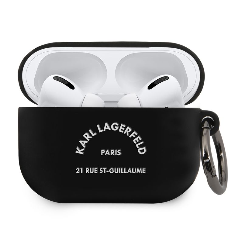 CG Mobile Karl Lagerfeld White RSG Logo Case with Ring Compatible for Apple AirPods Pro, Scratch & Drop Resistant,  Protective Silicone Cover With Anti-lost Holder for Apple AirPods Pro Officially Licensed - Black