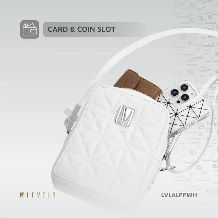 Levelo Albino Ladies Phone Pouch with Faux Leather Material, Adjustable Strap, Exquisite Safeguarding, Card & Coin Slot Included, Universal Phone Compatibility - White