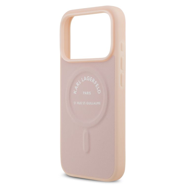 علبة كارل لاغرفيلد MagSafe من خامة PU مع أزرار بشعار Karl RSG لأيفون 17 برو، تصميم نحيف، سهلة التركيب، تغليف مستدام، قبضة مريحة، حماية من الصدمات، تصميم خفيف الوزن - لون وردي