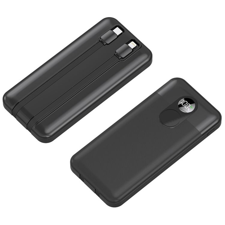 بورودو بطارية متنقلة بقدرة 10000 مللي أمبير مع كابل مدمج من نوع Type-C وLightning، توصيل طاقة بقوة 22.5 واط، شحن متزامن، شحن من 0% إلى 60% في 35 دقيقة، عرض رقمي - لون أسود