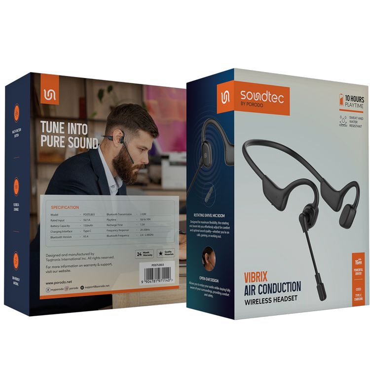 Porodo Vibrix Air Conduction Wireless Headset with Rotating Swivel Microphone, Up to 10 Hours Play Time, 150mAh Battery, Bluetooth Version 5.4, USB-C Charging Port, 1.5 Hours Recharge Time, 15mm Powerful Driver - Black