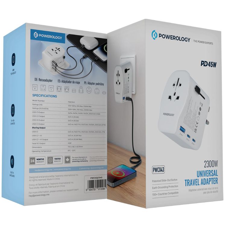 Powerology Universal Travel Adapter with PD 45W, USB-A & Dual USB-C Ports, US/ CN/ UK/ DE Plugs, Multiple Sockets, GaN Technology, Built-in Safeguards, +150 Countries Compatibility - White