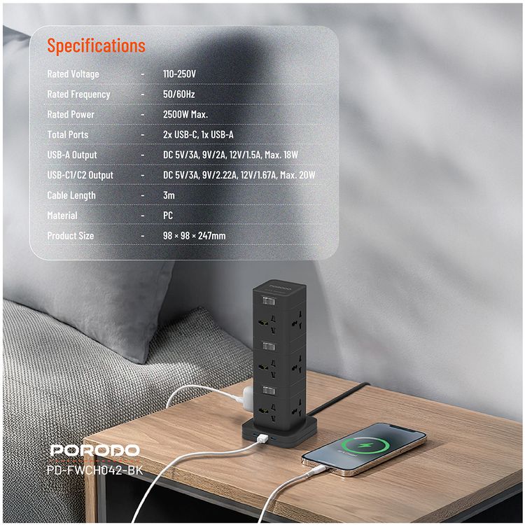 Porodo Three-Story Power Hub with USB-C PD & Quick Charge 3.0, Built-in Safeguards, 3m Cable Length, 12 AC Sockets, PC Material - Black