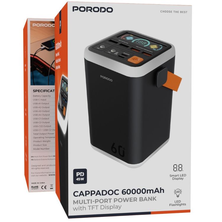 Porodo Cappadoc 60000mAh Multi-Port Power Bank with PD45W USB-C Output, Efficient Heat Dissipation, Fast Charging, 6 Output Ports, TFT Display, Built-In Safeguards - Black