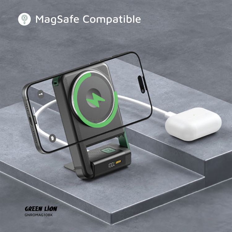 Green Lion Rotex MagSafe 10000mAh Power Bank, iWatch Charging, Rotating Bracket, Wireless Charging, Digital Display, Compact & Lightweight, PD 22.5W - Black