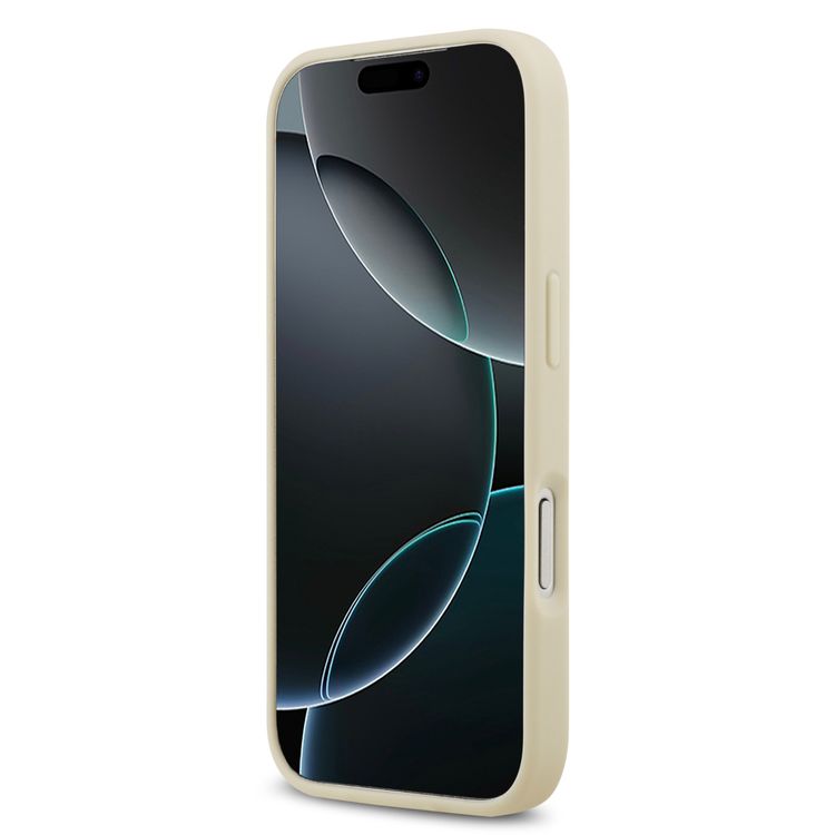 غلاف غيس ماجسيف من جلد البولي يوريثان مع شعار كلاسيكي وتصميم ختم زهري لهاتف آيفون 17 برو، بتصميم نحيف، سهل التركيب، تغليف مستدام، ملمس مريح، وحماية من السقوط - بيج