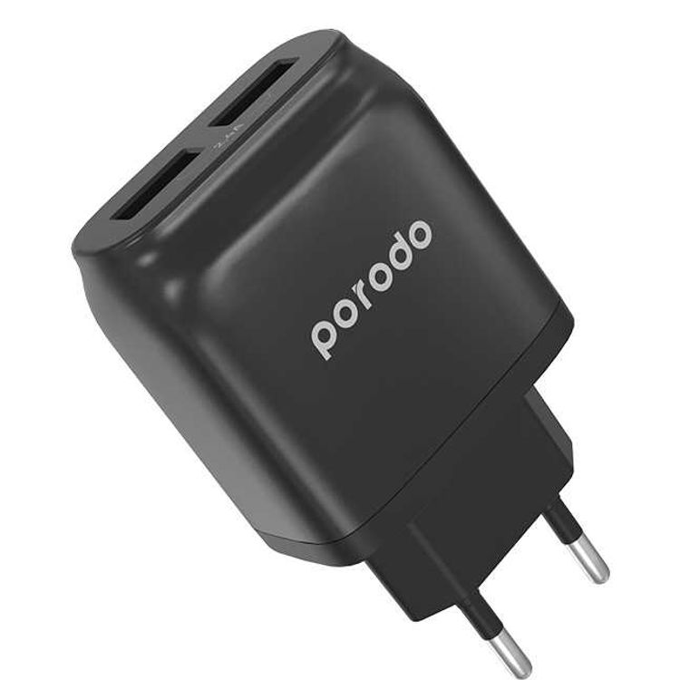 Porodo Dual Port EU Wall Charger with USB-A to Lightning Cable, Fast Charging & Auto ID Support, 2.4A USB-A Current, Fireproof Material, Overheat Protection, Protective Safeguard - Black