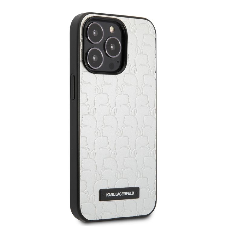 Karl Lagerfeld PU Leather Kameo Embossed Pattern with Plague Hard Case for iPhone 13 Pro - Silver