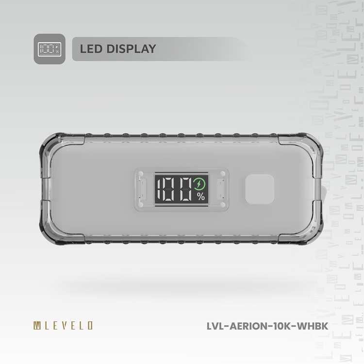 Levelo  Aerion Portable 10000mAh Power Bank with Luggage Design, LED Display, Over Current Protection, Lithium-ion Battery, Grip Cable, Fast Charging Support - White / Black  