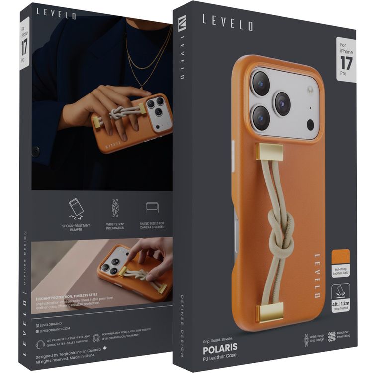 Levelo Polaris PU Leather Case with Wrist-Strap Grip for iPhone 17 Pro, Microfiber Inner Lining, Raised Bezels for Camera & Screen, Shock-Resistant Bumper, Drop-Tested - Orange