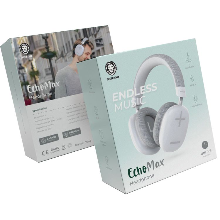 Green Lion Echo Max Wireless Headphones, Comfortable To Wear, Built-in Microphone, Lightweight, 40mm Magnet Size, 10m Maximum Range, 48 Hours Play Time - White