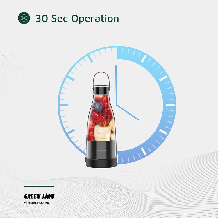 Green Lion Mix Mate Portable Juicer with 300mL Capacity, 1500mAh Battery Capacity, BPA Free PET Jar Material, Stainless Steel Blade Material, Type-C Charging Port, 3-4 Hours Charging Time - Black