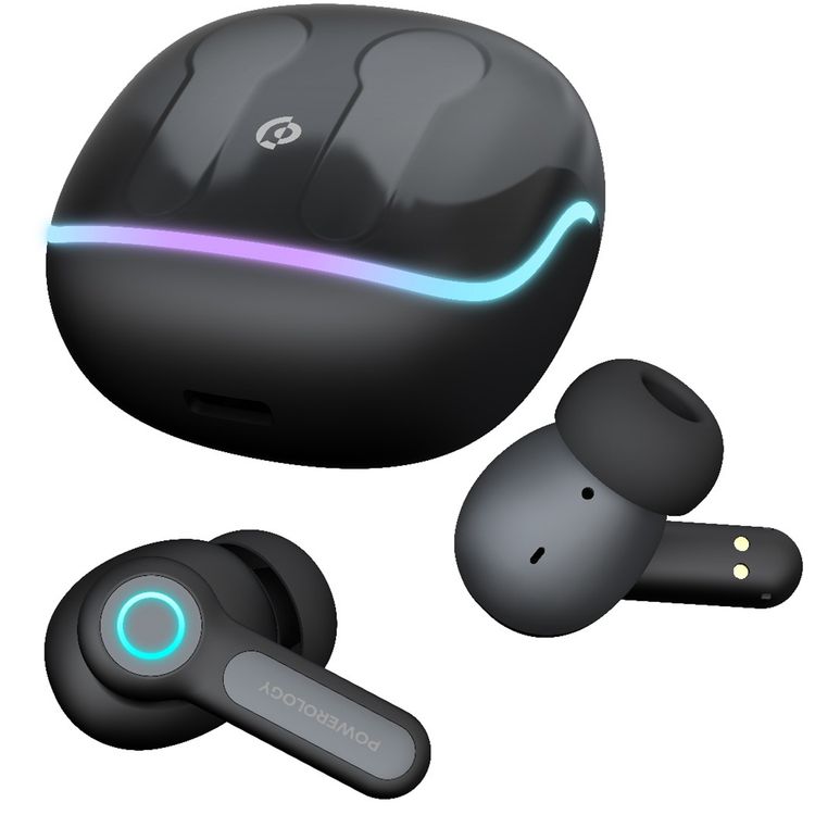 Powerology Quad Mic ENC True Wireless Earbuds, 6h Playtime, Bluetooth 5.3, Type-C Charging, 10m Transmission Distance, RGB Lights - Black