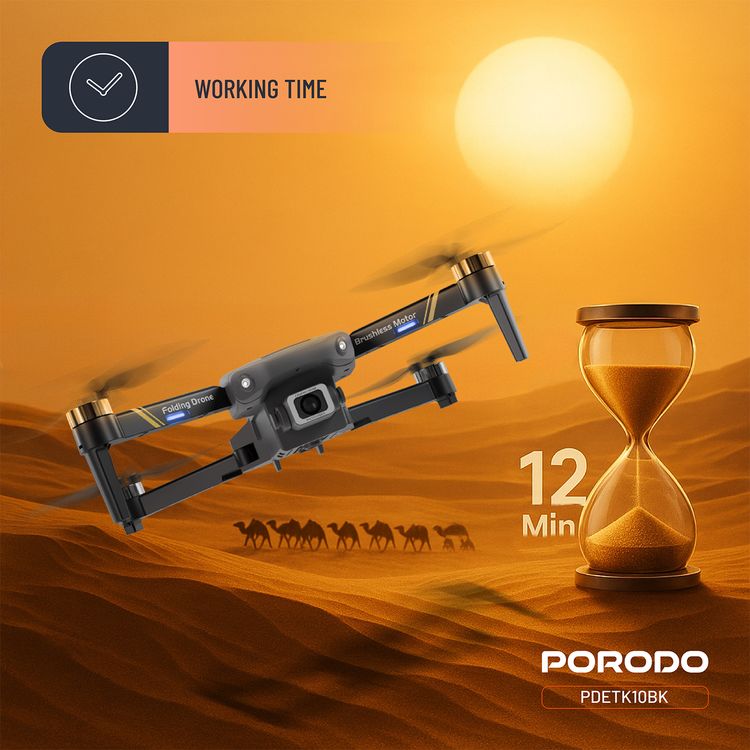 Porodo Aero View Drone with 120m Operational Distance, 360° Flip and Roll, Easy Takeoff & Landing, Up to 12 Minutes Flight Time, 10Km/h Max Speed, 120 Minutes Charging Time - Black 