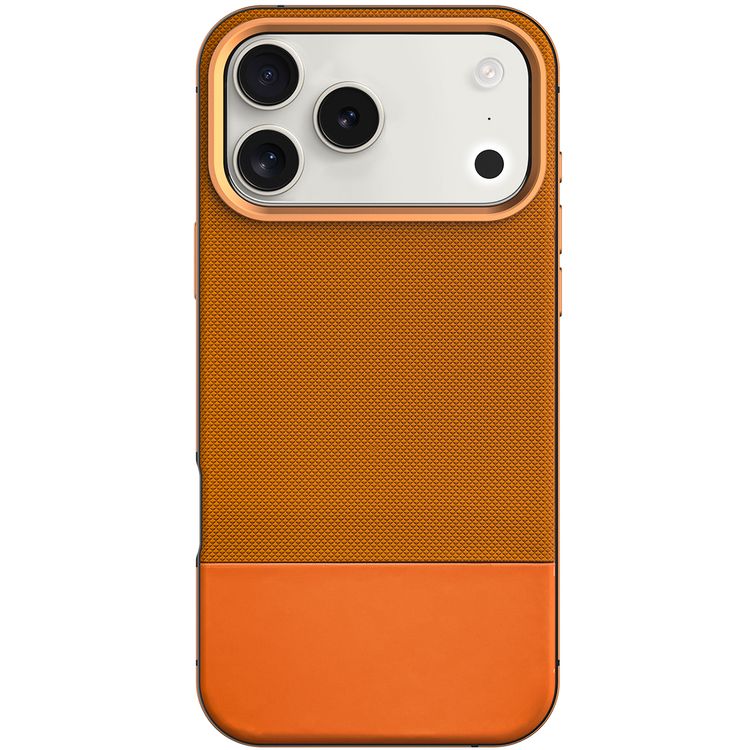 Levelo Cuir Leather Hybrid Case with Comfortable Grip for iPhone 17 Pro, Strong Magnets & MagSafe Compatible, Shock-Resistant Bumper, Aluminum Alloy Frame for Camera & Buttons, Drop-Tested - Sunrise Orange