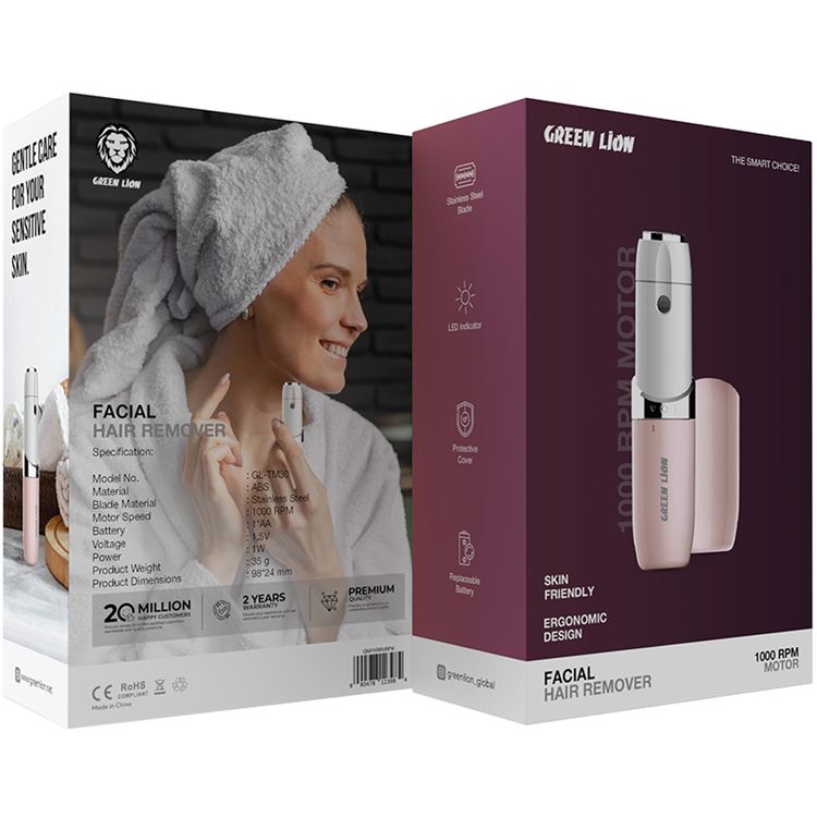 Green Lion Facial Hair Remover with Stainless Steel Blade & LED Indicator, 1W Power, 1000 RPM Motor Speed, Replaceable AA Battery, Protective Cover, Skin Friendly, Ergonomic Design - Pink