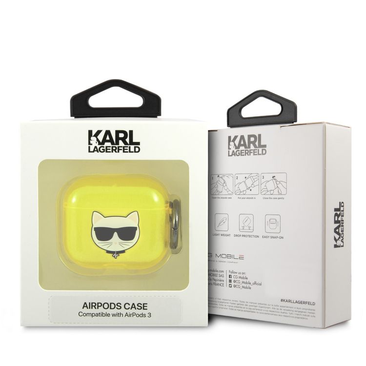 Karl Lagerfeld Choupette Fluo Case for Apple Airpods 3 with Accurate Cutouts, Wireless Charging Support, Easy Snap-on, Protection Against Scratches, Dirt and Minor Drops - Yellow