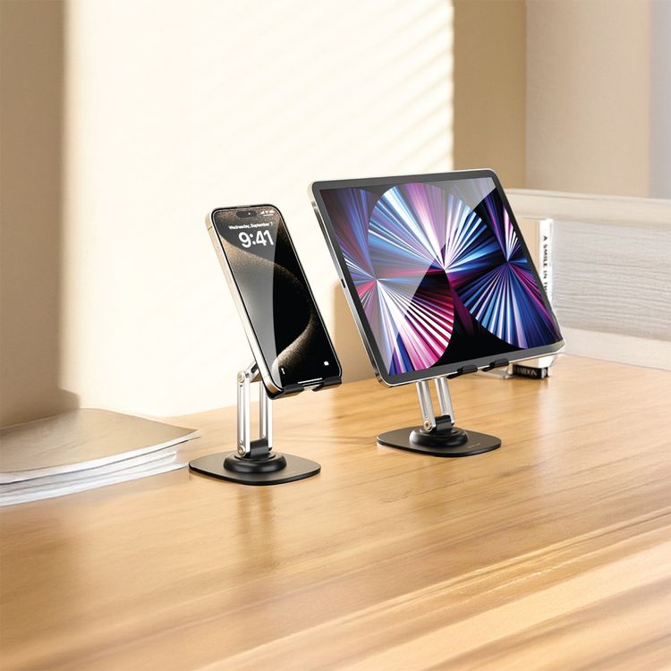 Green Lion M4-Foldable Phone & Tablet Holder, Up to 300g Load Capacity, 360° Rotation, Compatible with 4-12.9" Devices, Non-Slip Silicone Pad, Strong Metal Base, Triaxial & Foldable Design - Black