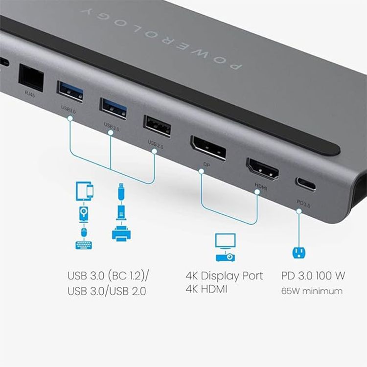 Powerology 11-in-1 Multi-Display USB-C Hub & Laptop Stand with 100W Power Delivery, 5Gbps Data Transmission Speed, Aluminum Shell, Fast Charge & Data Transfer - Gray