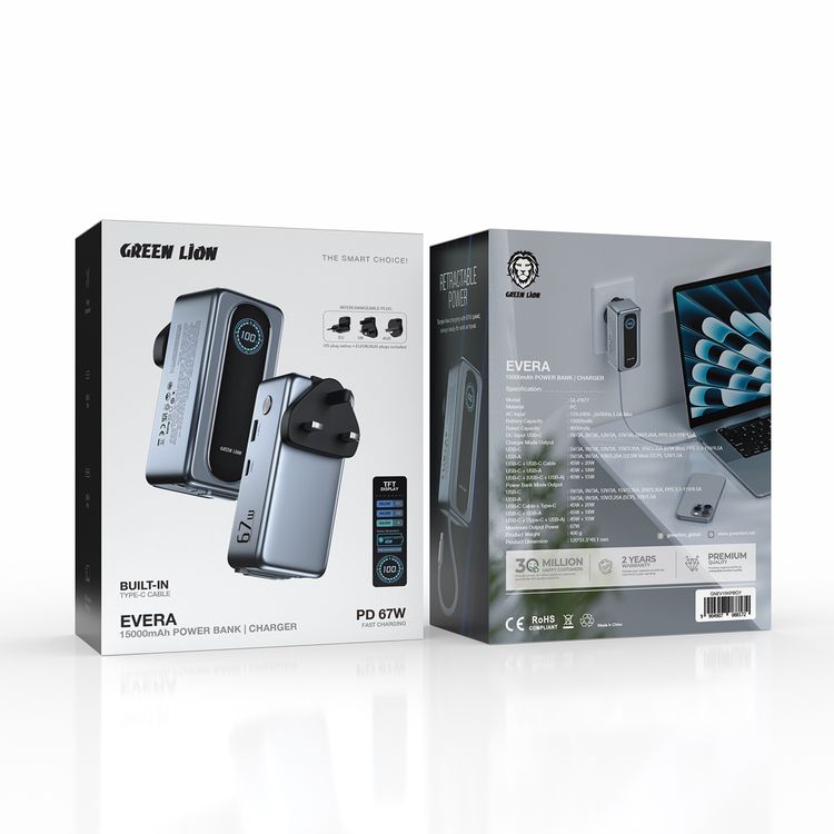 Green Lion Evera 15000mAh Power Bank + Charger with TFT Display, PD 67W, Built-in Type-C Cable, Multi-Device Charging, Flight Approved, USB-A & USB-C Ports, EU/UK/AUS Plugs Included - Gray