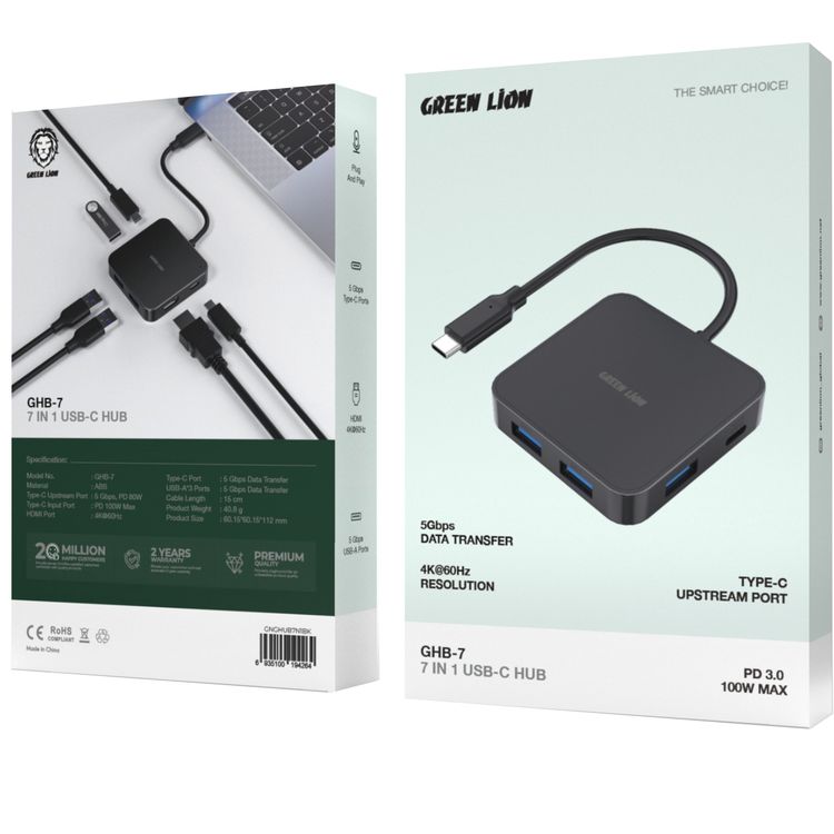 Green Lion GHB-7 7 in 1 USB-C HUB with 3 USB-A Ports, 5Gbps Data Transfer, 15cm Cable Length, Lightweight & Portable, Durable ABS Material - Black