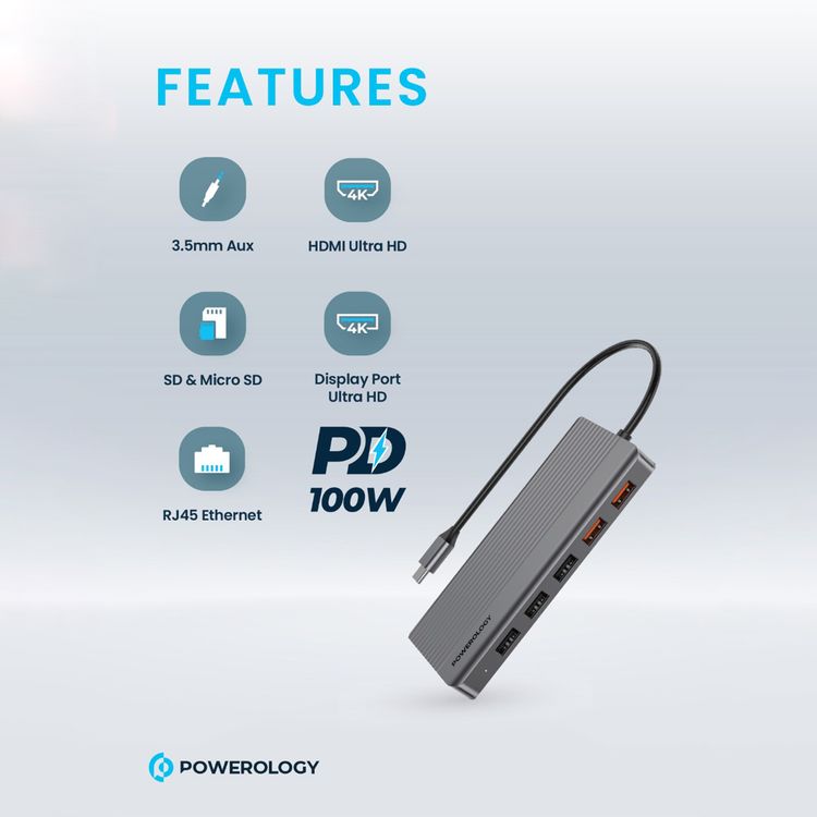 Powerology 12 in 1 - Hdmi & DP 4K Usb-C Hub Ethernet 10Gbps Data Transfer - Gray
