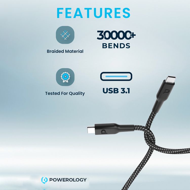  Powerology USB-C to USB-C Braided Cable with 100W Power Delivery, Over Heat & Current Protection, Fire-Resistant PVC Material, Fast Charge & Data Sync, 2m Cable Length - Black