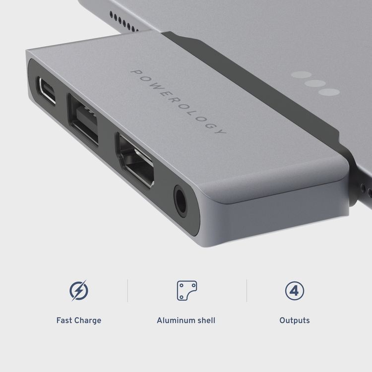 Powerology USB C Hub 4 in 1 Pro Adapter - Gray