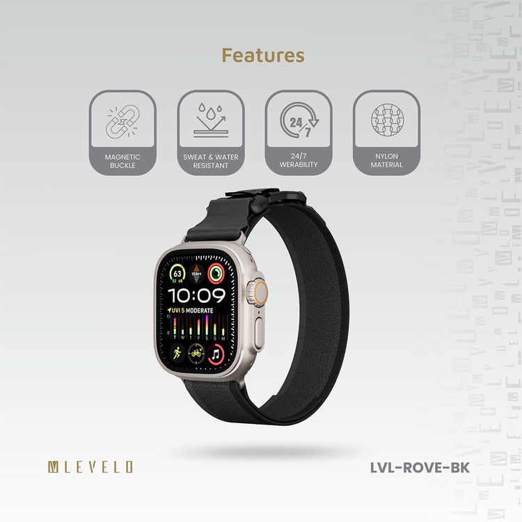 Levelo Rove Nylon Watch Strap with Magnetic Buckle, Compatible with 49/46mm Smartwatches & Apple Watch SE, Series 9, 8, 7, 6, 5, Abrasion Resistance, Hypoallergenic Material, Easy Snap-On & Quick Release Mechanism, Water-Resistant, Sweat-Resistant, 24/7 Wearability - Black
