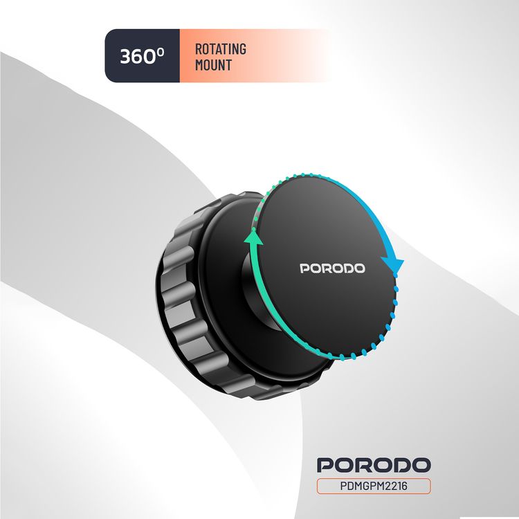 Porodo Multi-Surface Vacuum Suction Phone Holder with Adjustable Viewing Angle & 360° Rotation, Compatible with 4.7"-6.9" Phones, ABS & TPU Material, Double-Layer N52 Magnets - Black
