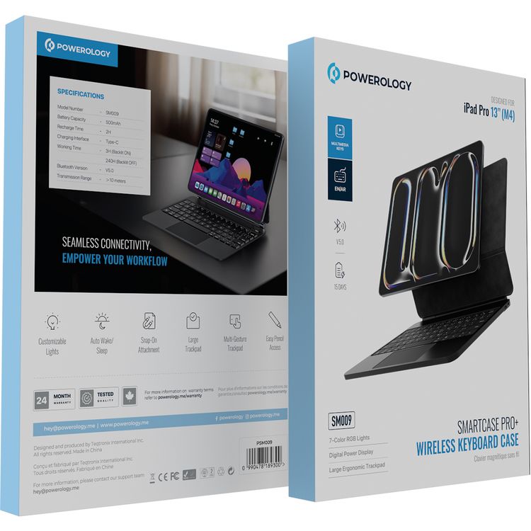لوحة مفاتيح لاسلكية من باورولوجي لجهاز آيباد برو 13 بوصة (M4)، سعة بطارية 500 مللي أمبير/ساعة، وقت شحن ساعتان، منفذ شحن من النوع C، بلوتوث الإصدار 5.0، نطاق نقل يصل إلى 10 أمتار، أضواء RGB بـ 7 ألوان، سهولة الوصول إلى القلم - أسود