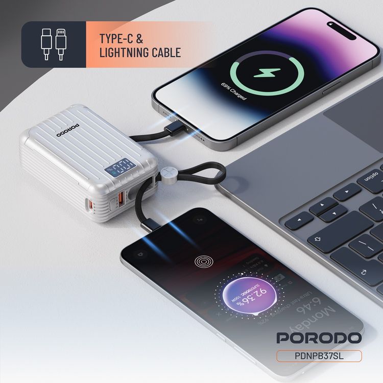 Porodo Petite 20000mAh Power Bank with Integrated Type-C & Lightning Cable, PD 20W, USB-A & USB-C Ports, Fast Charge Support, Digital Display, Universal Compatibility - Silver
