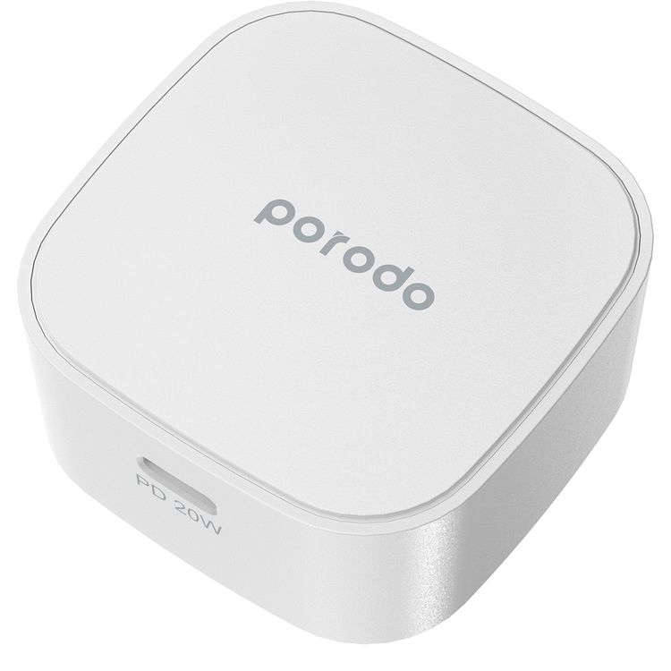 Porodo Super-Compact Fast Charger with Type-C to Lightning Cable, 20W USB-C Power Delivery, Overcurrent Protection, UK 3-Pin Plug, Fire Retardant Material, 0%-60% Charge in 30 Minutes - White