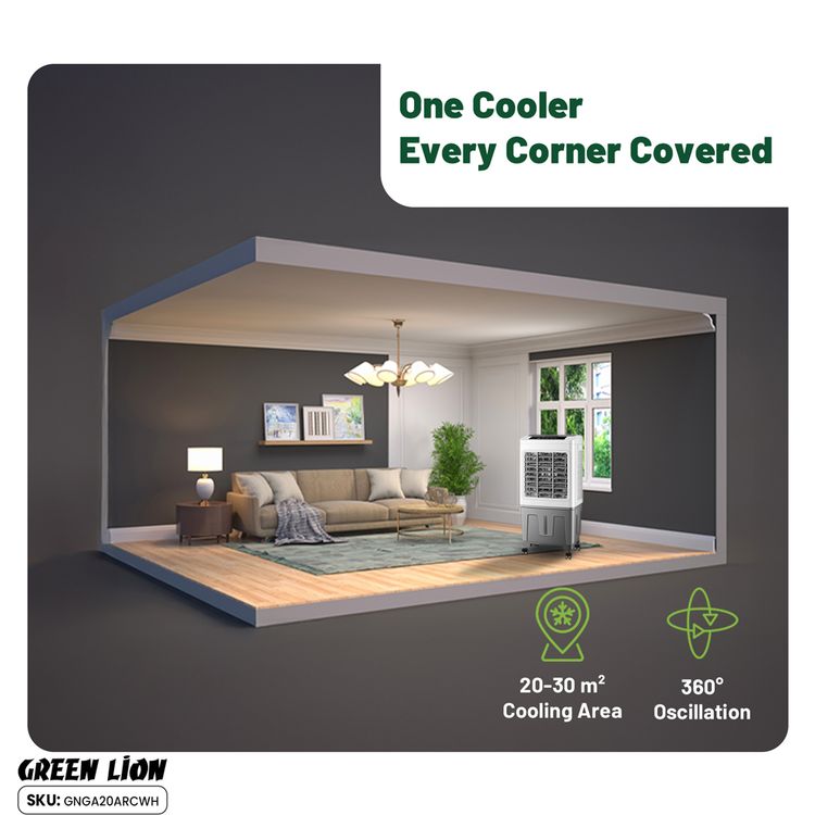 مبرد هواء GA20 من Green Lion بسعة 20 لترًا وقوة 60 وات وسعة خزان مياه 20 لترًا واهتزاز 360 درجة لتوزيع الهواء بالتساوي وجهاز تحكم عن بعد وشاشة رقمية - أبيض ورمادي