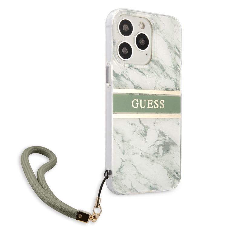 CG MOBILE Guess PC/TPU Case Marble Design & Stripe with Anti-Lost Nylon Strap for iPhone 13 Pro (6.1") Back Cover Suitable with Wireless Charging Officially Licensed Green