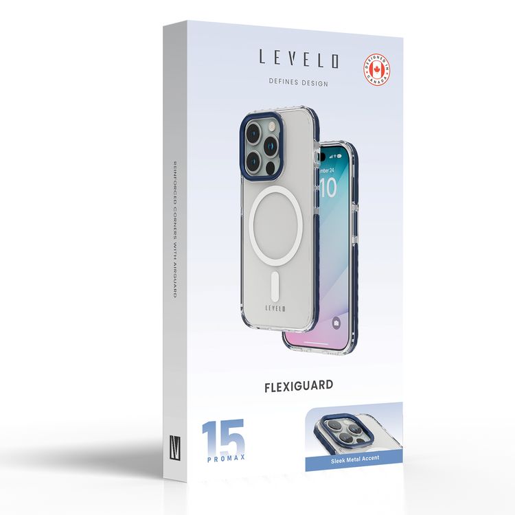 جراب شفاف من Levelo FlexiGuard MagSafe لهاتف iPhone 15 Pro Max، غطاء خلفي شفاف عالي الشفافية، حواف مقاومة للصدمات، مضاد للخدش 3H، متوافق مع MagSafe، حماية من الصدمات، حلقة كاميرا معدنية مرفوعة - أزرق