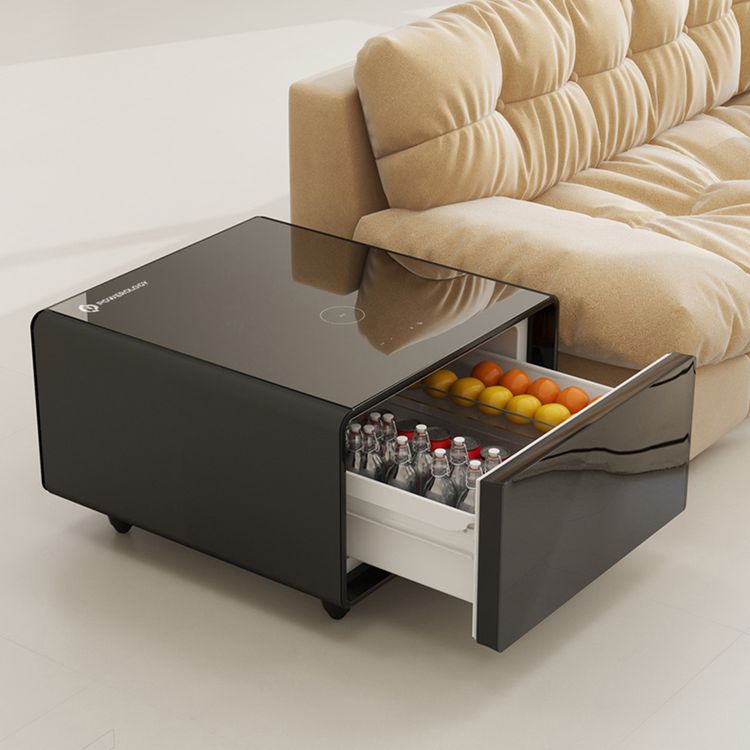 Powerology 65L Mini Side Table Fridge with LED Display and Wireless Charger, Compact Design, Glass Top, USB & Type-C Charging Port, Quiet Operation, Touch Display, 2 AC Sockets - Black