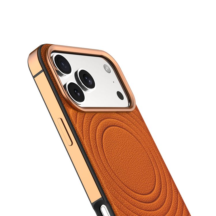 Levelo Spirale PU Leather Hybrid Case for iPhone 17 Pro, MagSafe Compatible & Strong Magnets, Impact-Resistant, Shock-Resistant Bumper, Aluminum Alloy Frame for Camera & Edges, Drop-Tested - Sunrise Orange