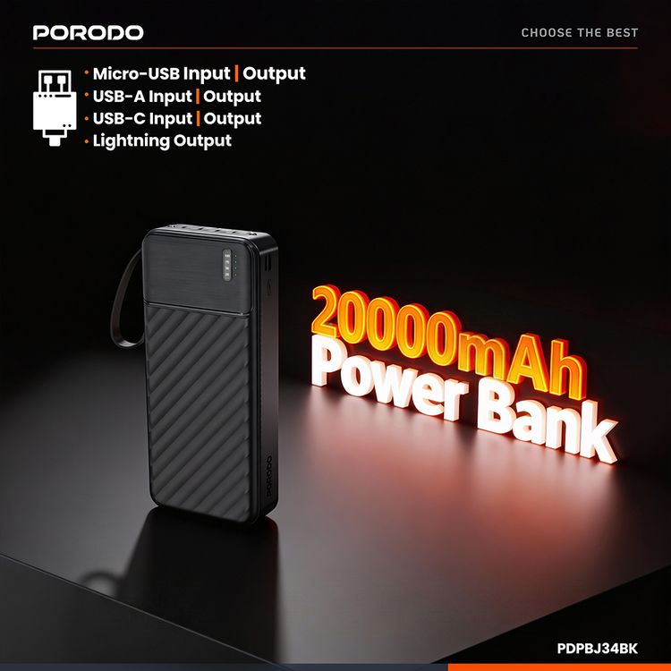 Porodo Piano 20000mAh Power Bank with Flashlight, Portable Handle, Phone Stand, 4 Integrated Cables, USB-A & USB-C & Micro Ports, Fast Charge Support, Universal Compatibility - Black