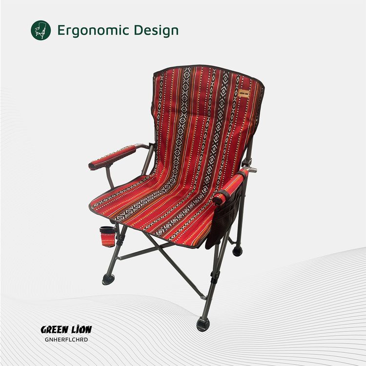 Green Lion Heritage Foldable Chair with Cup Holder, 600D Oxford Fabric, 200 kg Max Load,  High-Quality Pipe - Ethnic Red