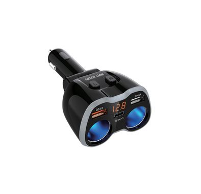 Green Lion Multi-port Car Charger with Voltage Reminder, Dual USB-A Ports, Power Switch, Type-C Port, QC 3.0, 2 Cigarette Lighter Socket Ports - Black 